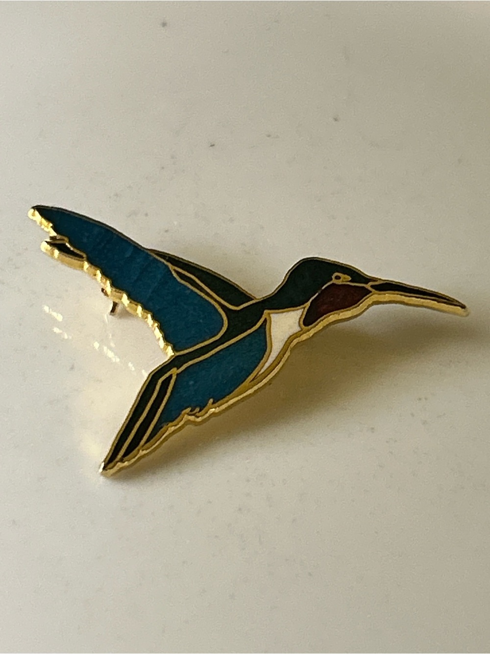 Vintage Wm Spear 1986 Blue Enamel Cloisonné  Hummingbird Brooch Gold Trim pin